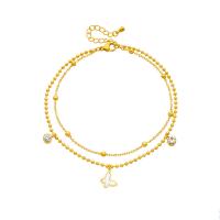 Fashion Jewelry Anklet, Acier titane, avec coquille, avec 1.97inch chaînes de rallonge, papillon, Placage, Double couche & pour femme & avec strass, doré, Vendu par Environ 7.87 pouce brin