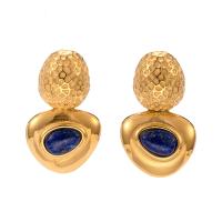 Nerūdijančio plieno Drop Auskarai, 304 Nerūdijantis plienas, su Lapis Lazuli, 18K paauksuotas, Bižuterijos & moters, aukso, 30x18.30mm, Pardavė Pora