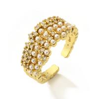 Cubic Zirconia Micro Pave Brass Ring with Plastic Pearl real gold plated & micro pave cubic zirconia & for woman gold Sold By PC