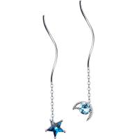 argent sterling 925 Fil asymétrique à travers boucles d’oreilles, Lune et Etoile, Style coréen & pour femme & avec strass, argent, 7x42mm, 6x42mm, Vendu par paire