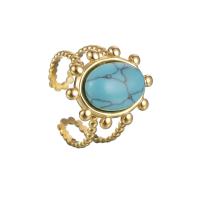 Acier inoxydable 304 Cuff Bague, avec turquoise, Placage de couleur d'or, réglable & pour femme & creux, Taille:9, Vendu par PC