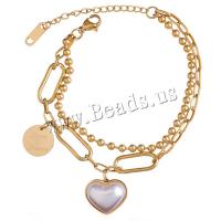 Pulseira de aço titânio, Partículas de aço, with Concha de resina, banhado, Camada Dupla & joias de moda & para mulher, dourado, comprimento Aprox 22 cm, vendido por PC