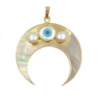 Evil Eye Hängen, Mässing, med Shell & Freshwater Pearl, Månen, guldfärg pläterade, DIY & onda ögat mönster, 44.69mm, Säljs av PC