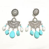 Sinc Alloy Buail Earring, le turquoise & Pearl Plaisteacha, plátáilte, stíl Bohemian & do bhean, 35x73mm, Díolta De réir Péire