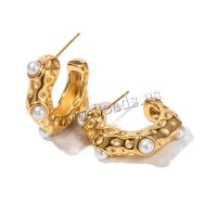 Pendientes de Acero Inoxidable, acero inoxidable 304, con Shell Pearl, 18K chapado en oro, Joyería & para mujer, dorado, Vendido por Par