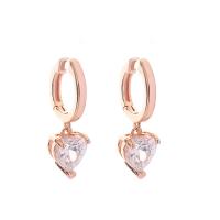 Boucles d'oreilles en laiton zircon cubique pavent, coeur, Placage, pavé de micro zircon & pour femme, couleur or rose, 25x15mm, Vendu par paire