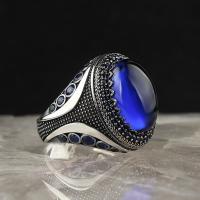 Bague en alliage de zinc, avec verre, ovale, Plaqué de couleur d'argent, Vintage & bijoux de mode & normes différentes pour le choix & pour homme & avec strass, bleu, protéger l'environnement, sans nickel, plomb et cadmium, Vendu par PC