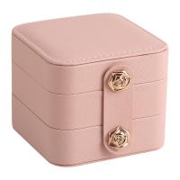 cuir PU Multifonctionnel Boîte à bijoux, avec velours de coton, cadre, trois couches & Portable & Mini & Anti-poussière, rose, 95x95x80mm, Vendu par PC