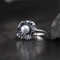 Bague en laiton, avec perle de plastique, Feuille de Lotus, Placage, bijoux de mode & pour femme, argent, Vendu par PC