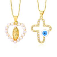 Colar Mal Jóias Eye, cobre, with Concha de resina, with 5CM extender chain, banhado a ouro genuino, Vario tipos a sua escolha & micro pavimento em zircônia cúbica & para mulher & esmalte, dourado, comprimento Aprox 43 cm, vendido por PC