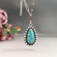 Collier de bijoux en alliage de zinc, avec turquoise synthétique, avec 5cm chaînes de rallonge, larme, Plaqué de couleur d'argent, Vintage & bijoux de mode & pour femme, bleu, protéger l'environnement, sans nickel, plomb et cadmium, Longueur Environ 45 cm, Vendu par PC