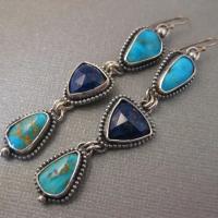 Boucles d'oreilles en alliage de zinc, avec Lapis lazuli & turquoise synthétique, Plaqué de couleur d'argent, Vintage & bijoux de mode & pour femme, bleu, protéger l'environnement, sans nickel, plomb et cadmium, 13x57mm, Vendu par paire