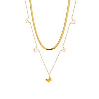 Collier de mode Multi couche, Acier titane, avec 1.97inch chaînes de rallonge, papillon, Placage, Double couche & bijoux de mode & pour femme, doré, 12x12mm, Vendu par Environ 15.75 pouce, Environ 17.32 pouce brin