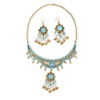 Zinc Alloy Sieraden set, oorbel & halsketting, met turkoois & Plastic Pearl, gold plated, 2 stuks & Bohemien stijl & voor vrouw, 35x76mm, Lengte Ca 16.14 inch, Verkocht door Stel