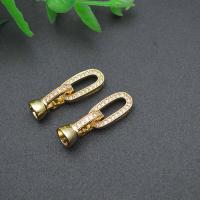 Brass Hook és Eye Clasp, Sárgaréz, arany színű aranyozott, DIY & mikro egyengetni cirkónia, nikkel, ólom és kadmium mentes, 7x25mm, Által értékesített PC