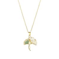 Titanium Steel Necklace Ginkgo Leaf Vacuum Ion Plating fashion jewelry & micro pave cubic zirconia & for woman golden Sold Per Approx 15.75 Inch Strand