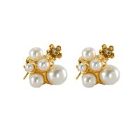 304 roestvrij staal Stud Earring, met Plastic Pearl, 18K verguld, mode sieraden & voor vrouw & met strass, 13x14mm, Verkocht door pair