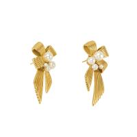 304 roestvrij staal Stud Earring, met Plastic Pearl, Strik, 18K verguld, mode sieraden & voor vrouw, 19x41mm, Verkocht door pair