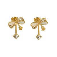 304 rustfrit stål Stud Earring, med White Shell, Bowknot, 18K forgyldt, mode smykker & for kvinde & med rhinestone, 17x23mm, Solgt af par