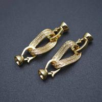 Brass Hook és Eye Clasp, Sárgaréz, arany színű aranyozott, DIY & mikro egyengetni cirkónia, nikkel, ólom és kadmium mentes, 12x37mm, Által értékesített PC