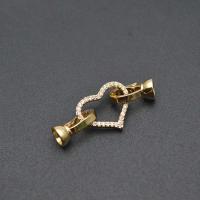 Brass Hook és Eye Clasp, Sárgaréz, Szív, arany színű aranyozott, DIY & mikro egyengetni cirkónia, nikkel, ólom és kadmium mentes, 12x36mm, Által értékesített PC