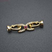 Brass Hook és Eye Clasp, Sárgaréz, arany színű aranyozott, DIY & mikro egyengetni cirkónia, nikkel, ólom és kadmium mentes, 8x35mm, Által értékesített PC