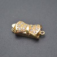 Blås Bajonett Lås, Mässing, Bowknot, guldfärg pläterade, DIY & micro bana cubic zirconia, nickel, bly och kadmium gratis, 10x22mm, Säljs av PC