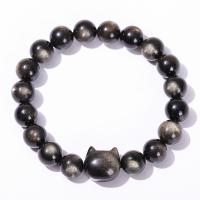 Gemstone Náramky, Stříbro + obsidián, s Gold Obsidian, Kočka, lesklý, módní šperky & unisex & různé velikosti pro výběr, více barev na výběr, Délka Cca 18 cm, Prodáno By PC