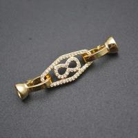 Brass Hook és Eye Clasp, Sárgaréz, arany színű aranyozott, DIY & mikro egyengetni cirkónia, nikkel, ólom és kadmium mentes, 8x41mm, Által értékesített PC