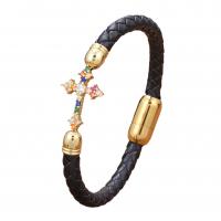 PU cavo bracciali, with ottone & 304 acciaio inox, Croce, placcato color oro, gioielli di moda & Micro spianare cubic zirconia & per l'uomo, nessuno, Lunghezza 21 cm, Venduto da PC