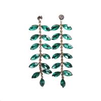 Crystal Earrings with Zinc Alloy Leaf gold color plated fashion jewelry & for woman & with rhinestone Crystal Green 70mm Sold By Pair