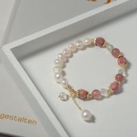 Quarz Armbänder, Strawberry Quartz, mit Natürliche kultivierte Süßwasserperlen & Kristall & Zinklegierung, goldfarben plattiert, Modeschmuck & unisex, gemischte Farben, 6-7mm, Länge ca. 18 cm, verkauft von PC