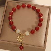 Roter Achat Armbänder, mit Weiß Chalcedon & Zinklegierung, rund, goldfarben plattiert, Modeschmuck & unisex, rot, Länge ca. 18 cm, verkauft von PC