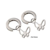 Boucle d’oreille goutte strass Hoop, Acier inoxydable 304, papillon, pour femme, argent, 25x14x2mm, Vendu par paire