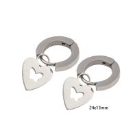 Boucle d’oreille goutte strass Hoop, Acier inoxydable 304, coeur, pour femme, argent, 24x13x2mm, Vendu par paire