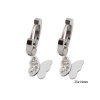 Huggie hoepel Drop Earrings, 304 roestvrij staal, Vlinder, micro pave zirconia & voor vrouw & glazuur, zilver, 25x14x2mm, Verkocht door pair