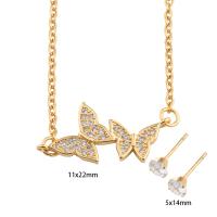 Ensembles de bijoux en zircon cubique en acier inoxydable, Boucle d’oreille stud & collier, Acier inoxydable 304, avec laiton, papillon, pavé de micro zircon & pour femme, doré, Longueur Environ 53.2 cm, Vendu par fixé