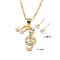 Cubic Zirconia Sada nerezových šperků, Stud náušnice & náhrdelník, 304 Stainless Steel, s Plastové Pearl & Mosaz, Music Note, micro vydláždit kubické zirkony & pro ženy, zlatý, Délka Cca 49.5 cm, Prodáno By nastavit