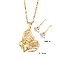 Ensembles de bijoux en zircon cubique en acier inoxydable, Boucle d’oreille stud & collier, Acier inoxydable 304, avec laiton, papillon, pavé de micro zircon & pour femme, doré, Longueur Environ 49.6 cm, Vendu par fixé