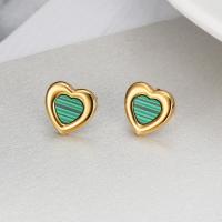 Tíotáiniam Cruach Earring, Cruach Tíotáiniam, le Malachite, Croí, jewelry faisin & do bhean, órga, 13x13mm, Díolta De réir Péire