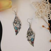 Sinc Alloy Earrings, le turquoise, Leaf, dath airgid antique plátáilte, jewelry faisin & do bhean, nicil, luaidhe & caidmiam saor in aisce, 69x19mm, Díolta De réir Péire