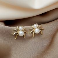 Zinc Alloy Stud Earring with Plastic Pearl Spider gold color plated fashion jewelry & for woman white nickel lead & cadmium free 20mm Sold By Pair