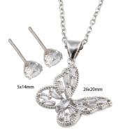 Cubic Zirconia rozsdamentes acél ékszer készletek, Stud fülbevaló & nyaklánc, 304 rozsdamentes acél, -val Sárgaréz, Pillangó, mikro egyengetni cirkónia & a nő, ezüst, Hossz Kb 50.4 cm, Által értékesített Set