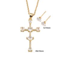 Ensembles de bijoux en zircon cubique en acier inoxydable, Boucle d’oreille stud & collier, Acier inoxydable 304, avec laiton, croix, Placage, pavé de micro zircon & pour femme, doré, Longueur Environ 50.6 cm, Vendu par fixé