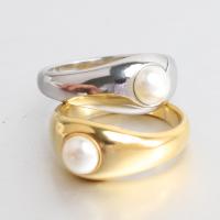 Vinger Ring in edelstaal, 304 roestvrij staal, met Plastic Pearl, plated, mode sieraden & voor vrouw, meer kleuren voor de keuze, nikkel, lood en cadmium vrij, 9.5mm, Verkocht door PC