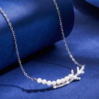 Zircônio cúbico Micro Pave colar da prata esterlina, 925 de prata esterlina, with Shell Pearl, joias de moda & micro pavimento em zircônia cúbica & para mulher, níquel, chumbo e cádmio livre, comprimento Aprox 45 cm, vendido por PC