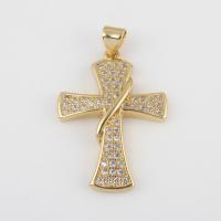 Μενταγιόν Cubic Zirconia (CZ) Brass, Ορείχαλκος, με Cubic Zirconia, Σταυρός, χρώμα επίχρυσο, DIY, νικέλιο, μόλυβδο και κάδμιο ελεύθεροι, 31.70x19.50x4mm, Sold Με PC