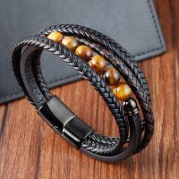 PU cavo bracciali, with occhio di tigre & 304 acciaio inox, Vintage & per l'uomo, nero, Lunghezza 21 cm, Venduto da PC