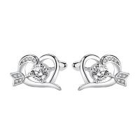 Messing Stud Earring, Hart, geplatineerd, voor vrouw & met strass & hol, 14x8mm, Verkocht door pair