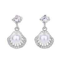 Messing Drop Earring, med Plastic Pearl, Shell, forgyldt, Micro Pave cubic zirconia & for kvinde & hule, flere farver til valg, 19x10mm, Solgt af par